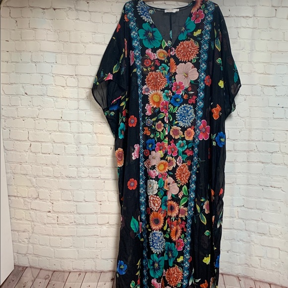 NWOT Johnny Was Black Floral Evening Palace Silk Blend Kaftan Caftan Size L XL - Picture 2 of 11